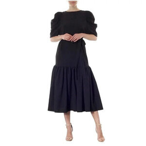 MEEM LABEL Essa Dress Women’s XL Black Crepe Draped Puff Sleeves Boat-neck Midi